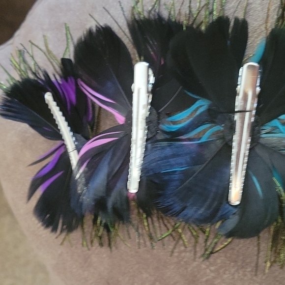 VTG 1980s Fairycore Doll Real Peacock Feather Bow Hair Clip Flamenco Barrettes - Picture 4 of 6